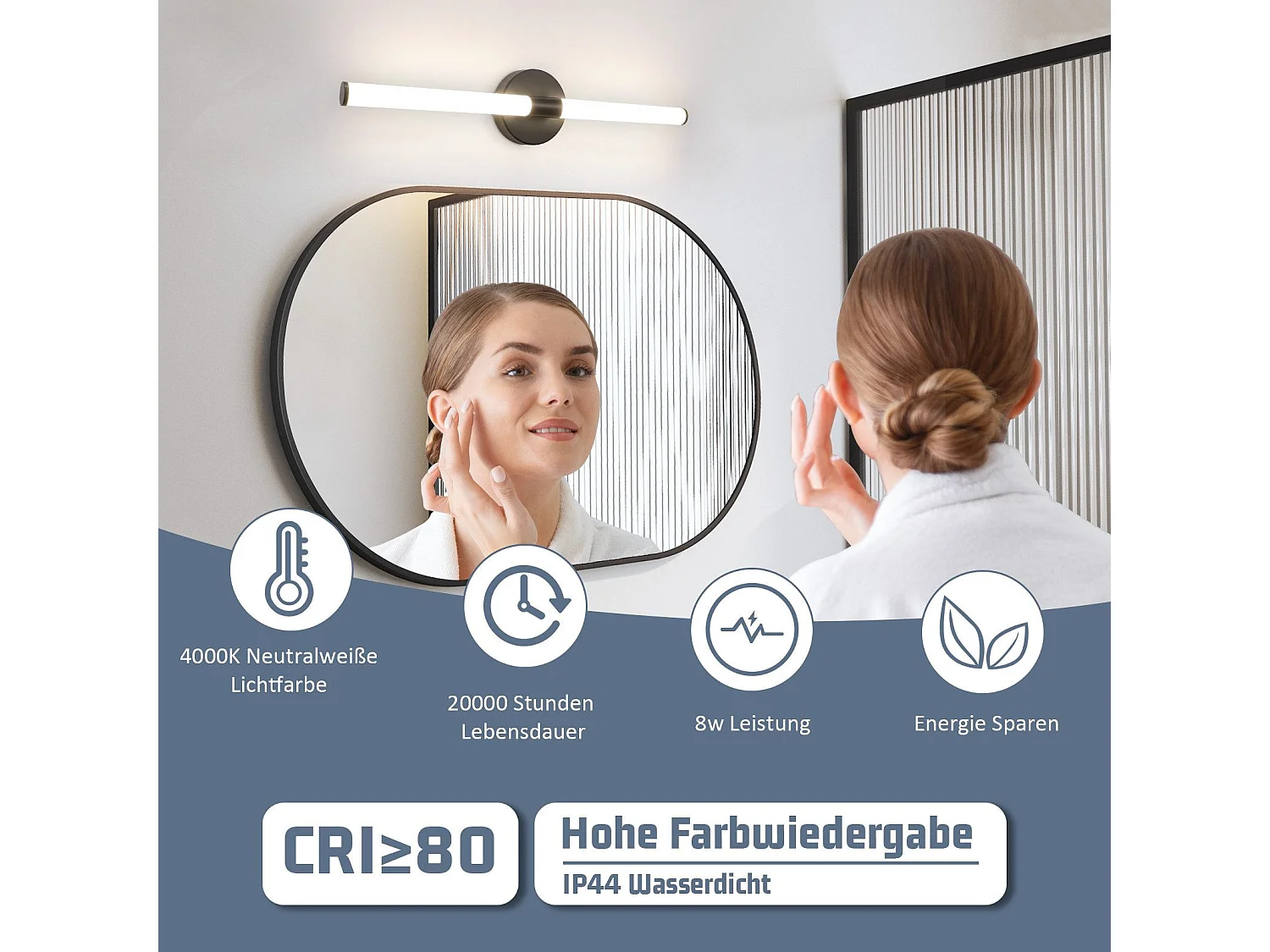 Applique murale de salle de bain NETTLIFE LED 60 cm, 8 W, noire, 4 000 K, IP44