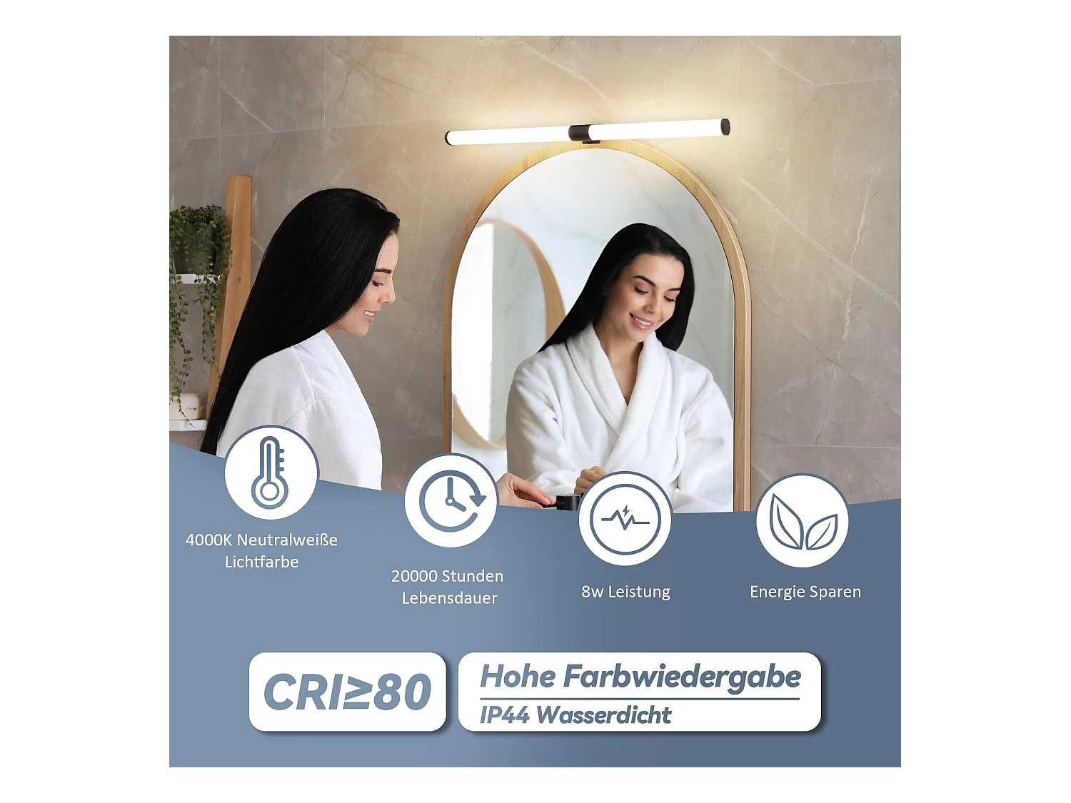 NETTLIFE - Lámpara de espejo LED para baño (8 W, 60 cm, con abrazadera, resistente al agua, IP44, 4000 K)