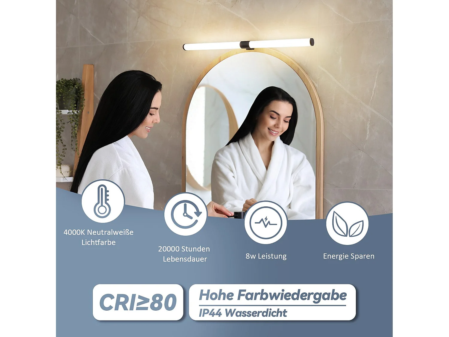 Lampe de miroir de salle de bain NETTLIFE LED 8 W 60 cm, avec pince, étanche IP44 4 000 K