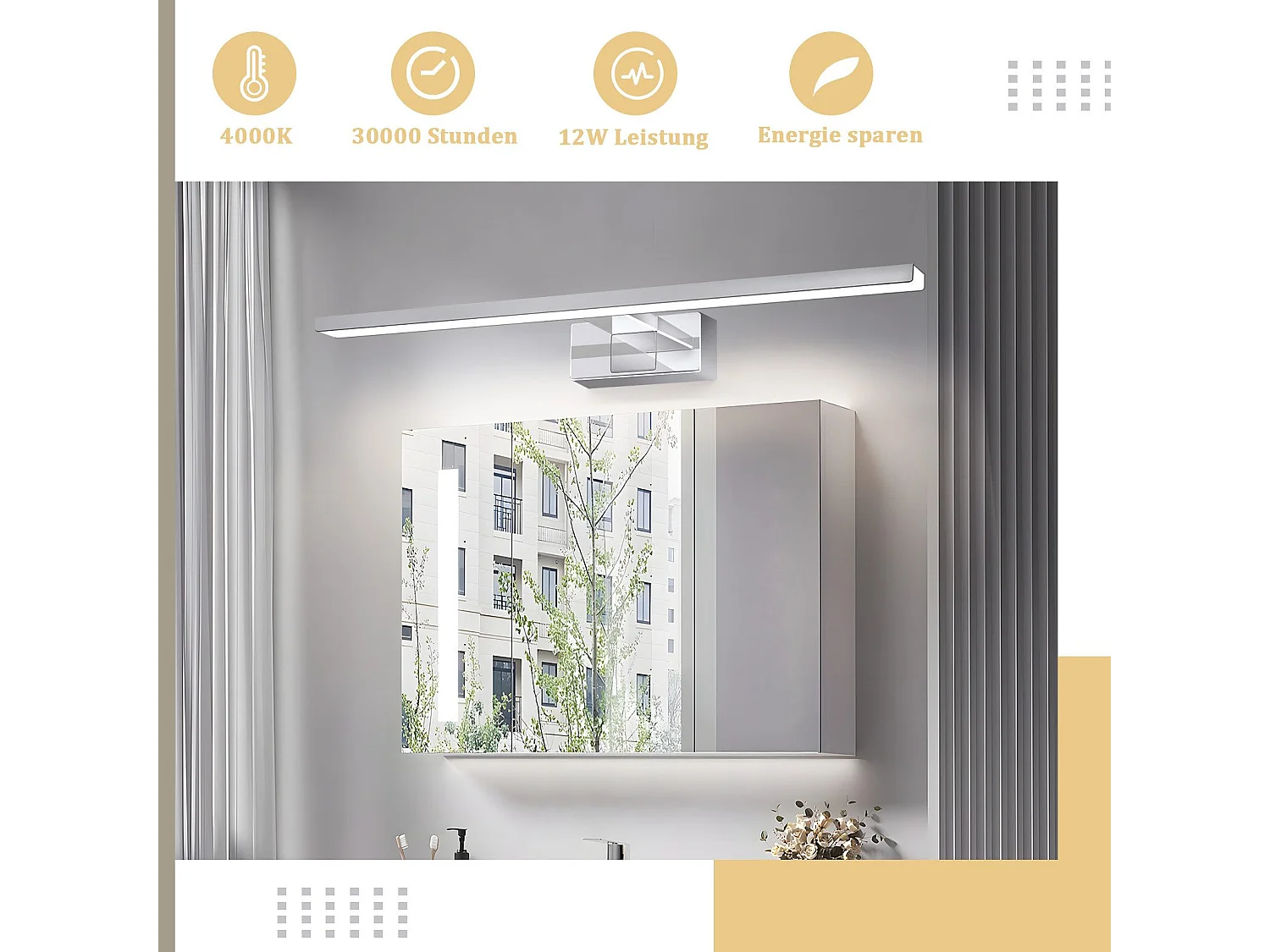 NETTLIFE LED-spiegellamp voor badkamer, wandlamp 12W, 4000K, 60cm