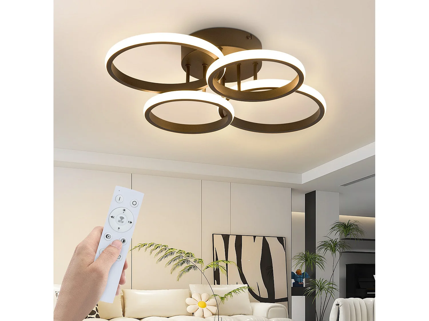 Plafonnier LED NETTLIFE Plafonnier LED 4 anneaux Dimmable Noir 48W Lampe de salon