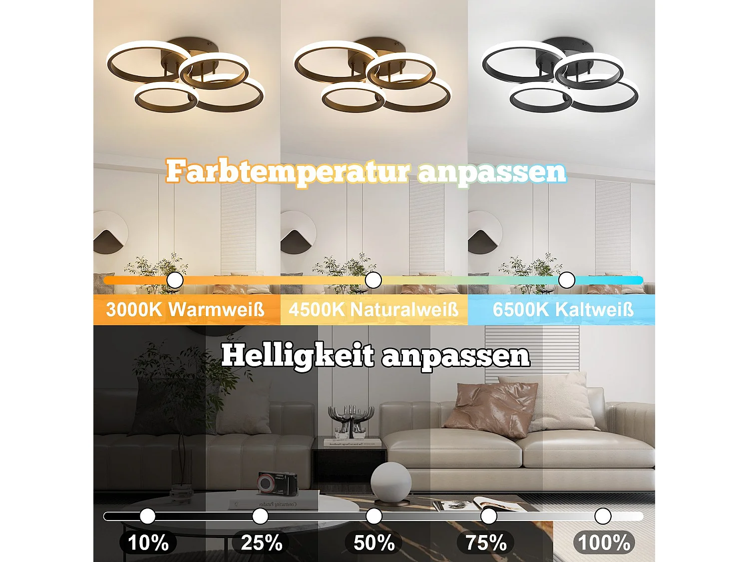 Plafonnier LED NETTLIFE Plafonnier LED 4 anneaux Dimmable Noir 48W Lampe de salon