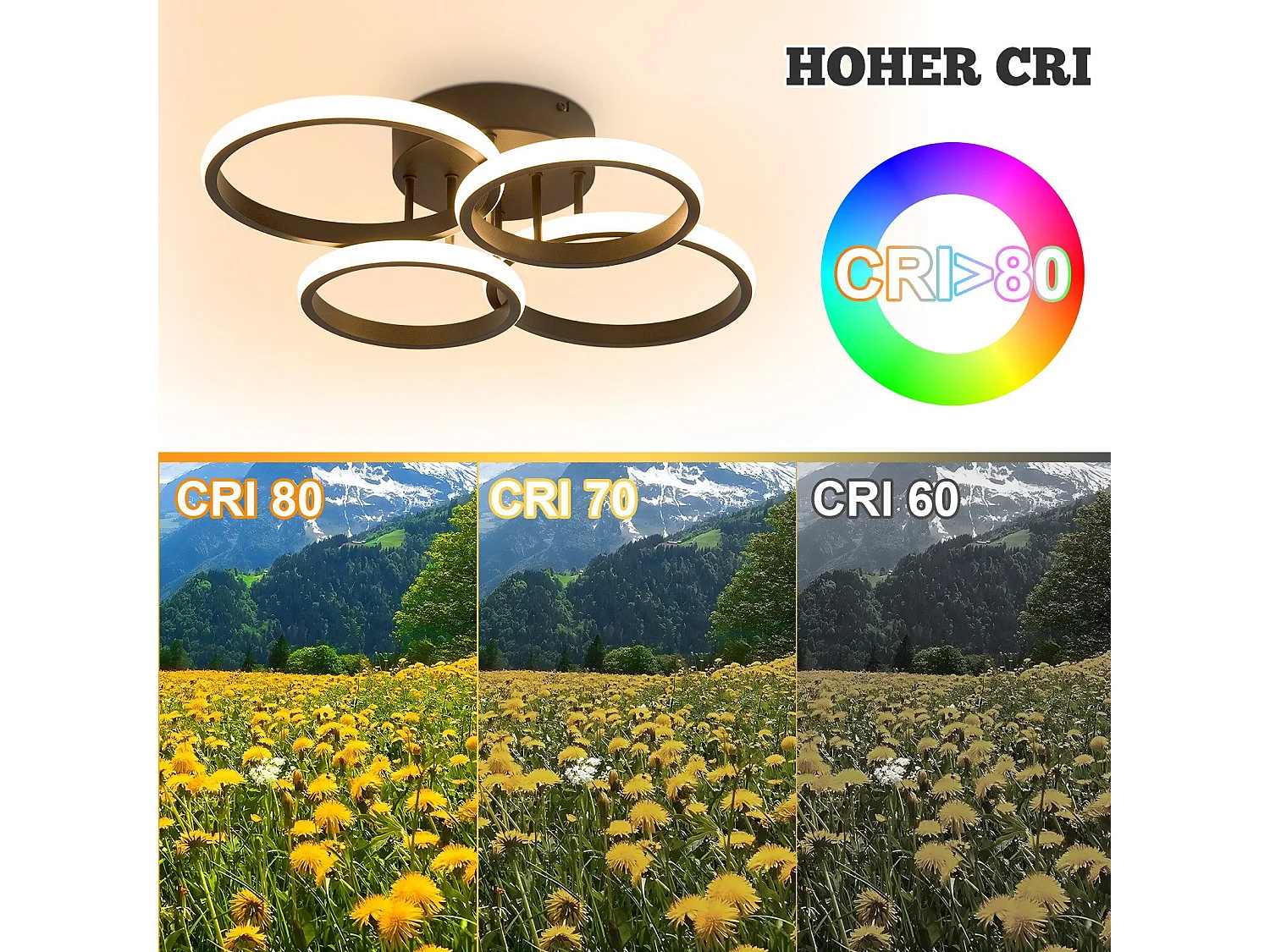 Plafonnier LED NETTLIFE Plafonnier LED 4 anneaux Dimmable Noir 48W Lampe de salon