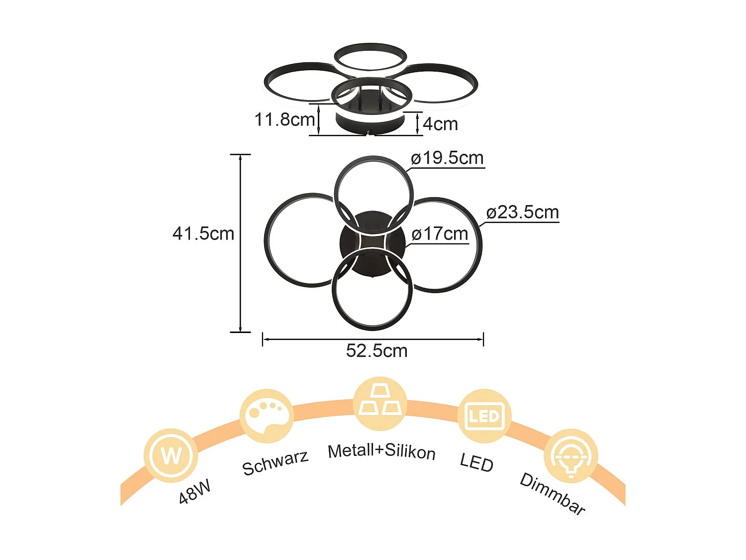 Plafonnier LED NETTLIFE Plafonnier LED 4 anneaux Dimmable Noir 48W Lampe de salon