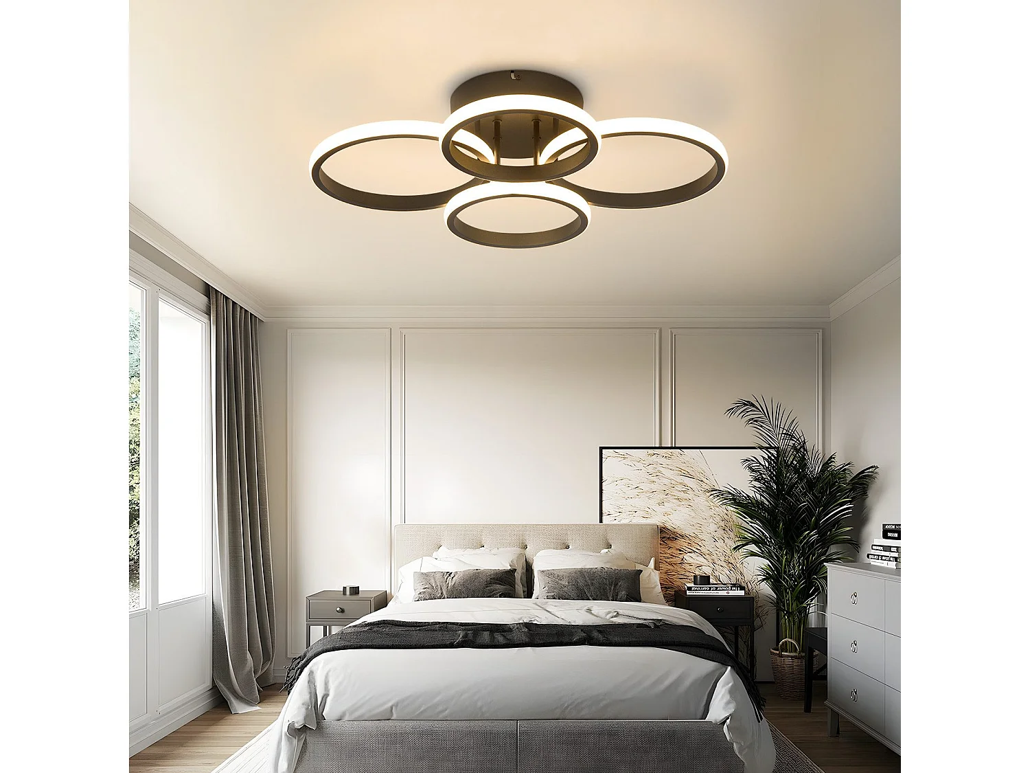 Plafonnier LED NETTLIFE Plafonnier LED 4 anneaux Dimmable Noir 48W Lampe de salon