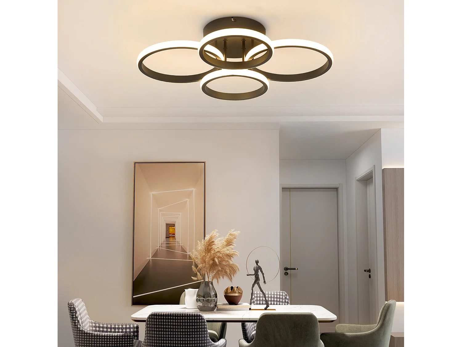 Plafonnier LED NETTLIFE Plafonnier LED 4 anneaux Dimmable Noir 48W Lampe de salon