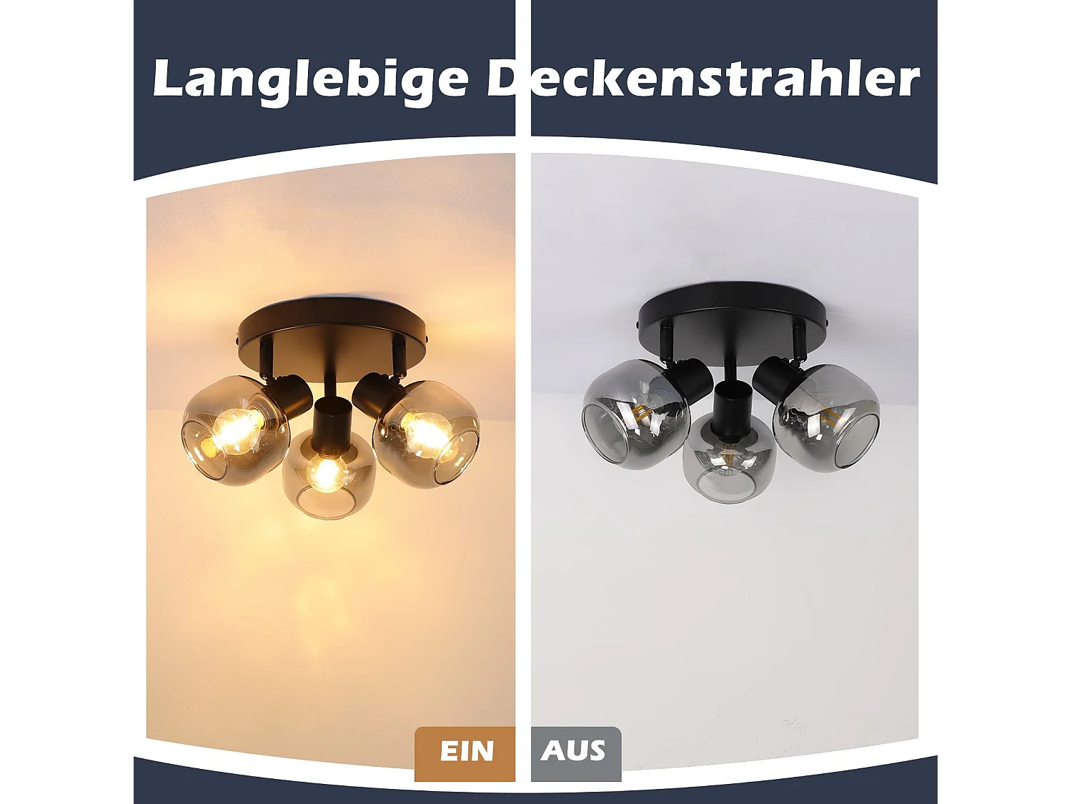 NETTLIFE 3-vlams plafondspot - Moderne ronde glazen plafondspot 350° draaibaar voor de woonkamer