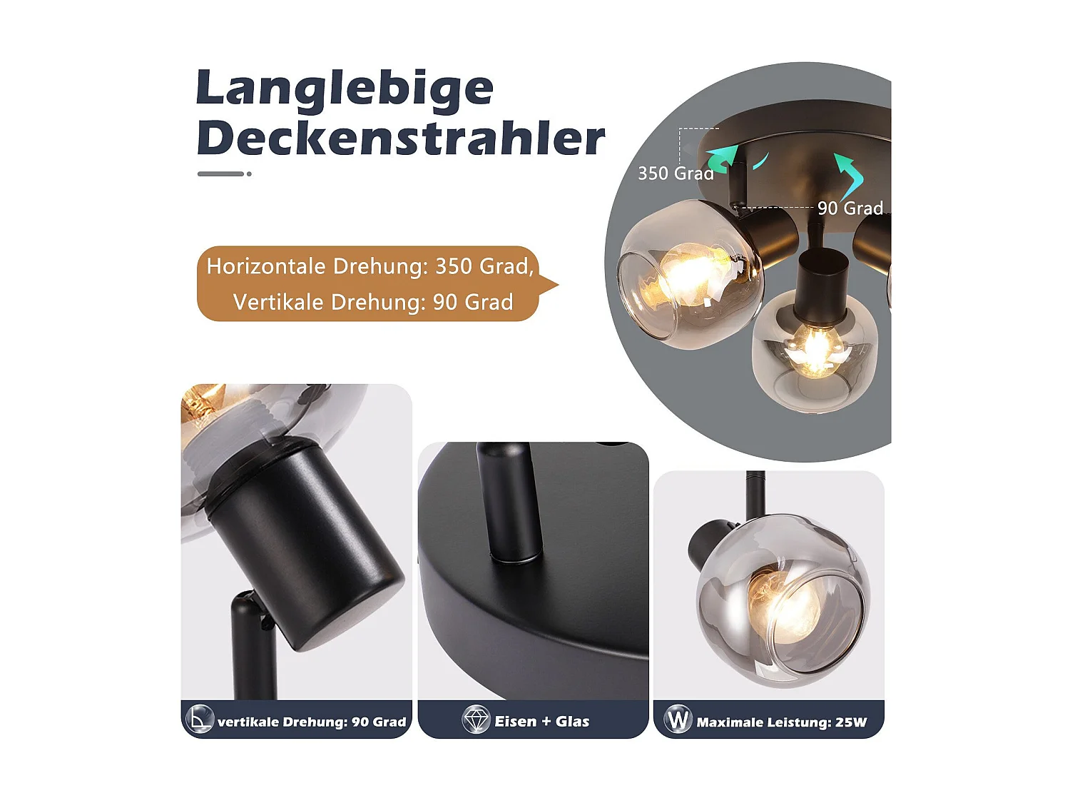 Spot de plafond NETTLIFE 3 flammes - Spot de plafond rond moderne en verre orientable à 350° pour salon