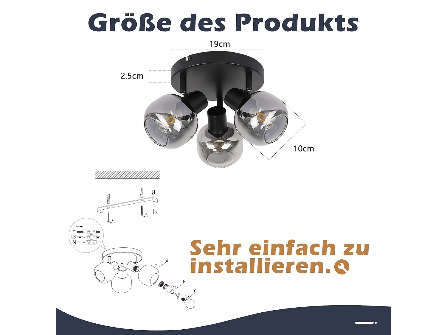 Spot de plafond NETTLIFE 3 flammes - Spot de plafond rond moderne en verre orientable à 350° pour salon