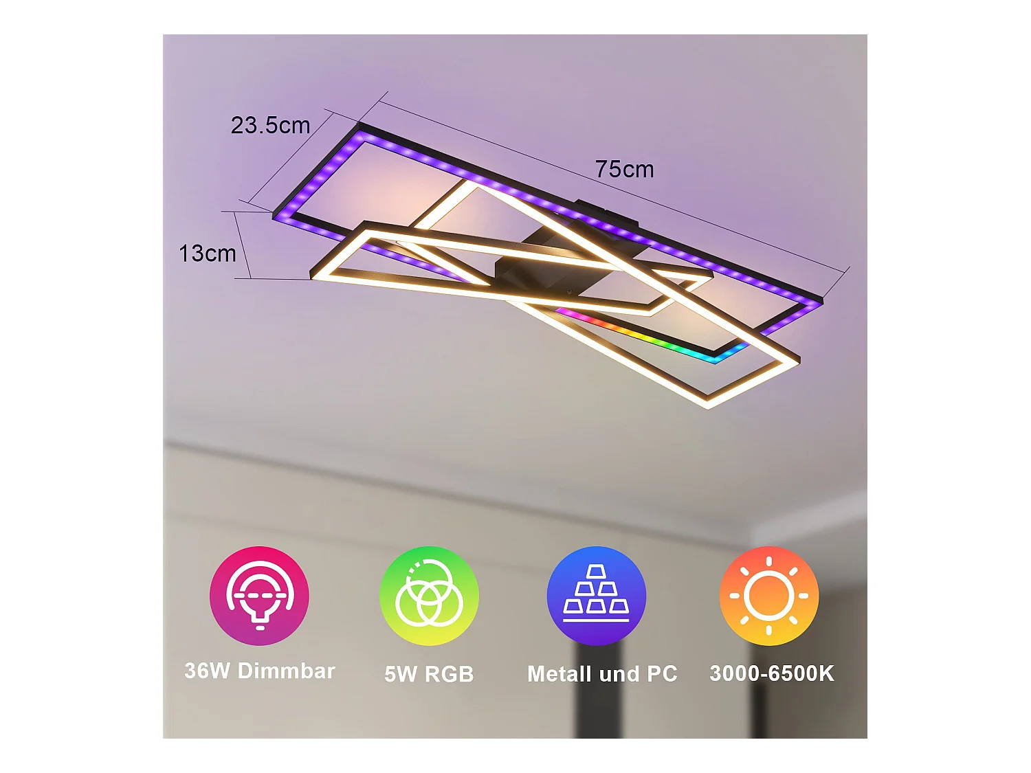 NETTLIFE LED Deckenleuchte für Wohnzimmer, Schwarz, Rechteckig, Dimmbar, Modernes Design