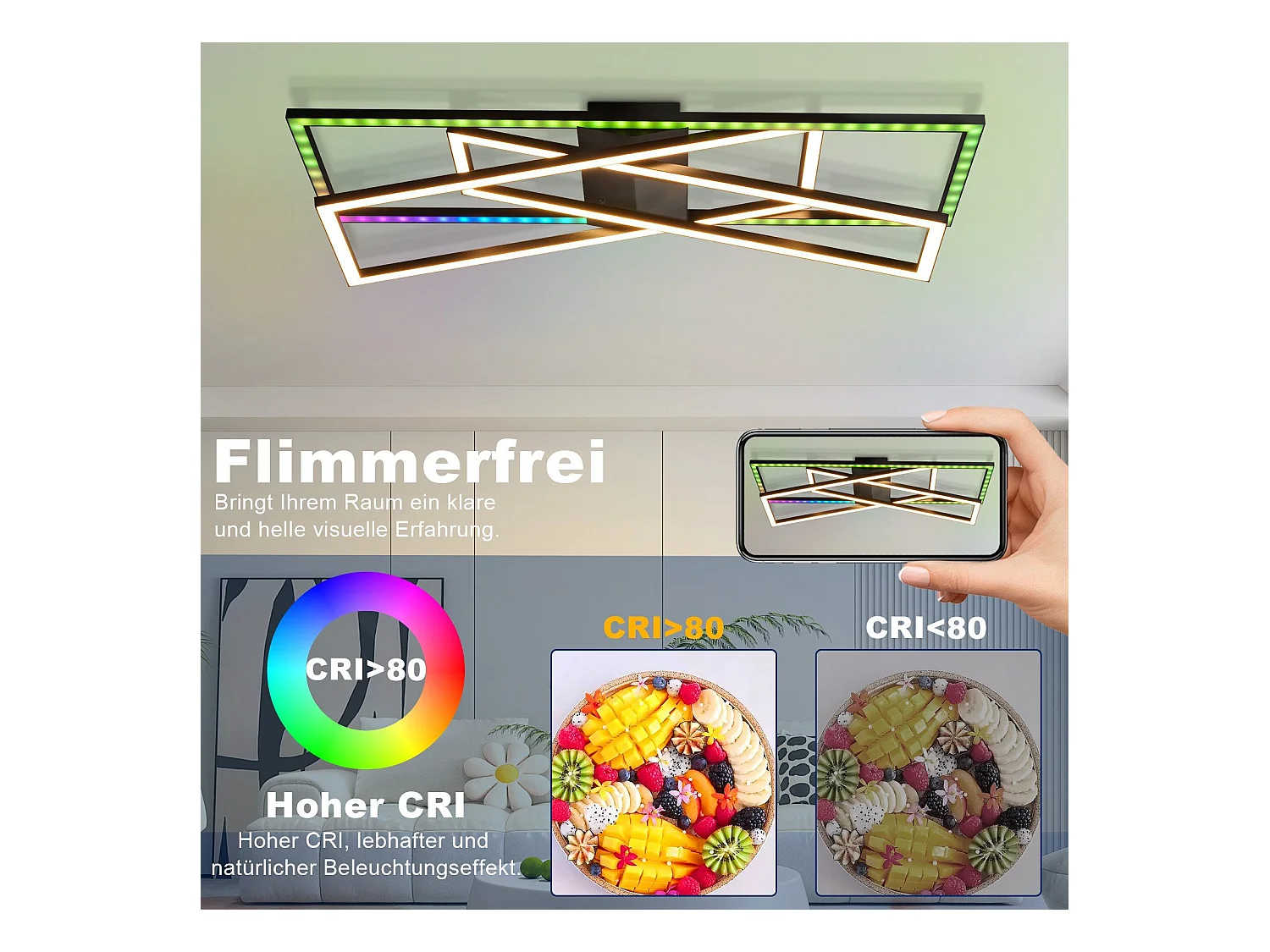 NETTLIFE LED Deckenleuchte für Wohnzimmer, Schwarz, Rechteckig, Dimmbar, Modernes Design