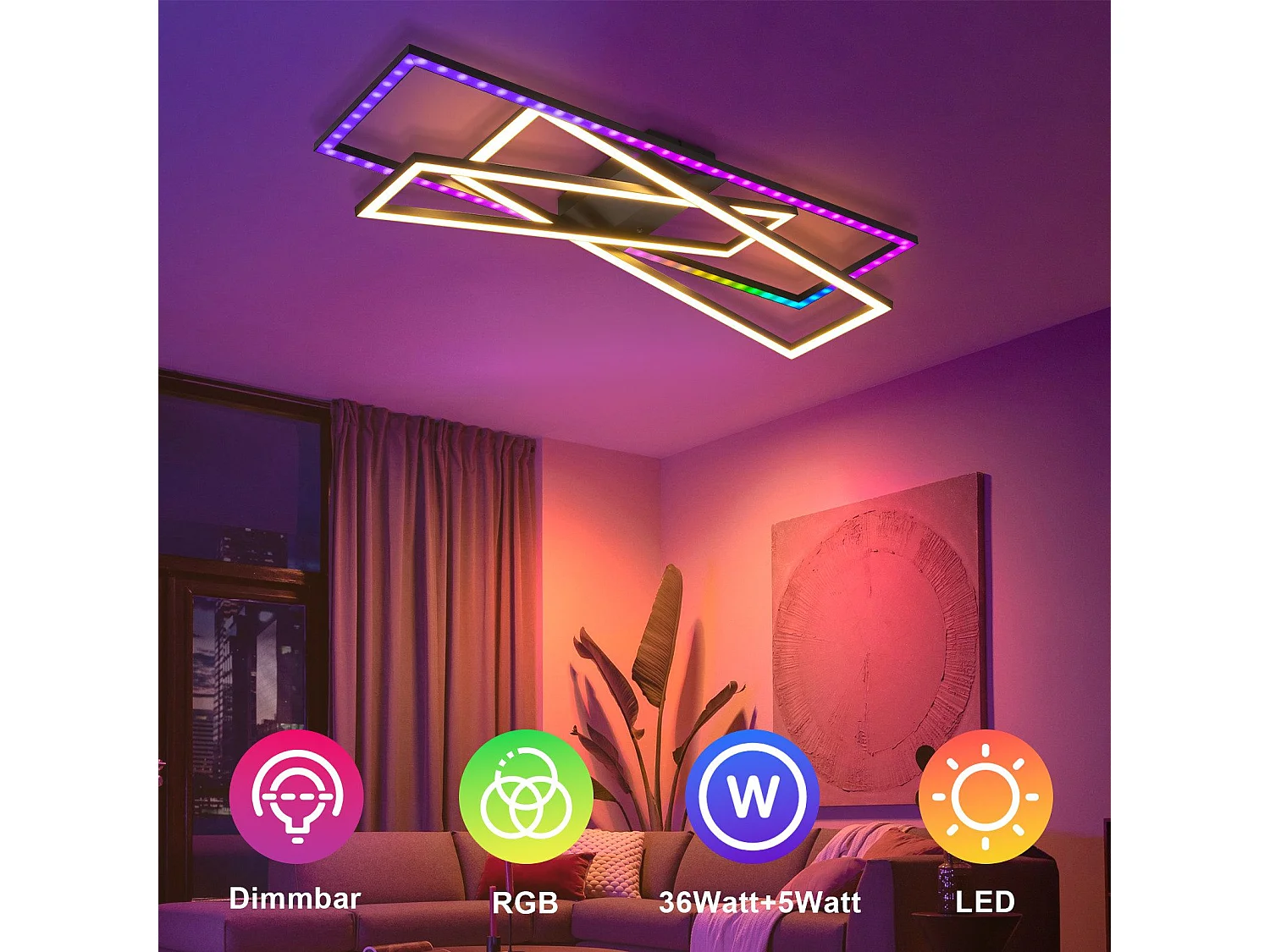 NETTLIFE LED Deckenleuchte für Wohnzimmer, Schwarz, Rechteckig, Dimmbar, Modernes Design