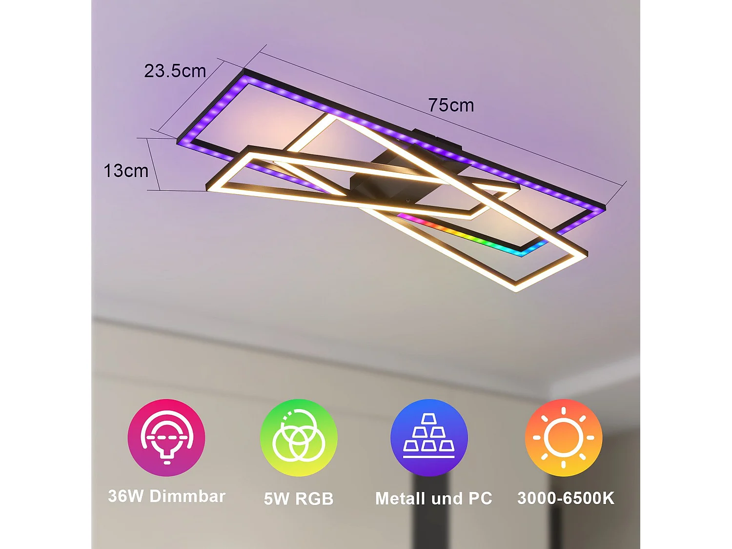 NETTLIFE Lampa sufitowa LED do salonu, czarna, prostokątna, ściemnialna, nowoczesny design