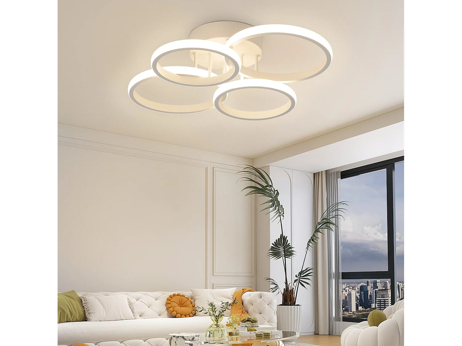 Plafonnier LED NETTLIFE, plafonnier LED à 4 anneaux, intensité variable, blanc, 48 W, lampe de salon