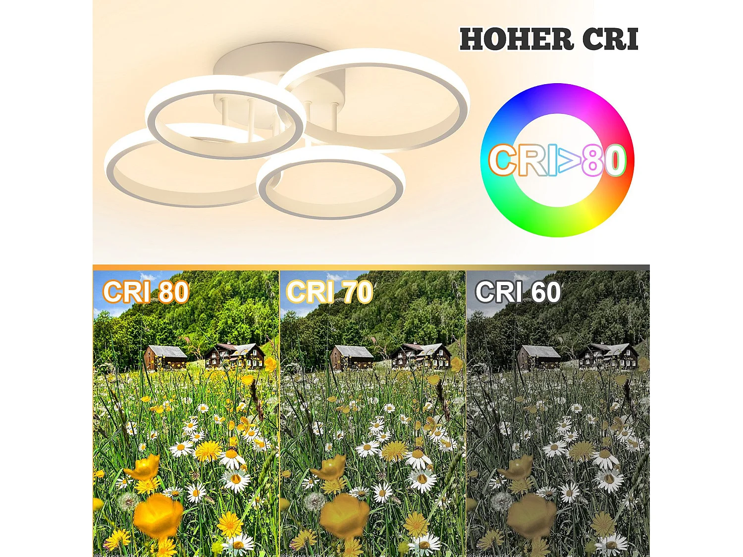 Plafonnier LED NETTLIFE, plafonnier LED à 4 anneaux, intensité variable, blanc, 48 W, lampe de salon