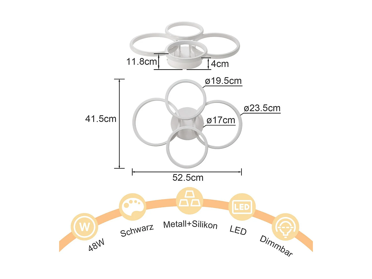 Plafonnier LED NETTLIFE, plafonnier LED à 4 anneaux, intensité variable, blanc, 48 W, lampe de salon