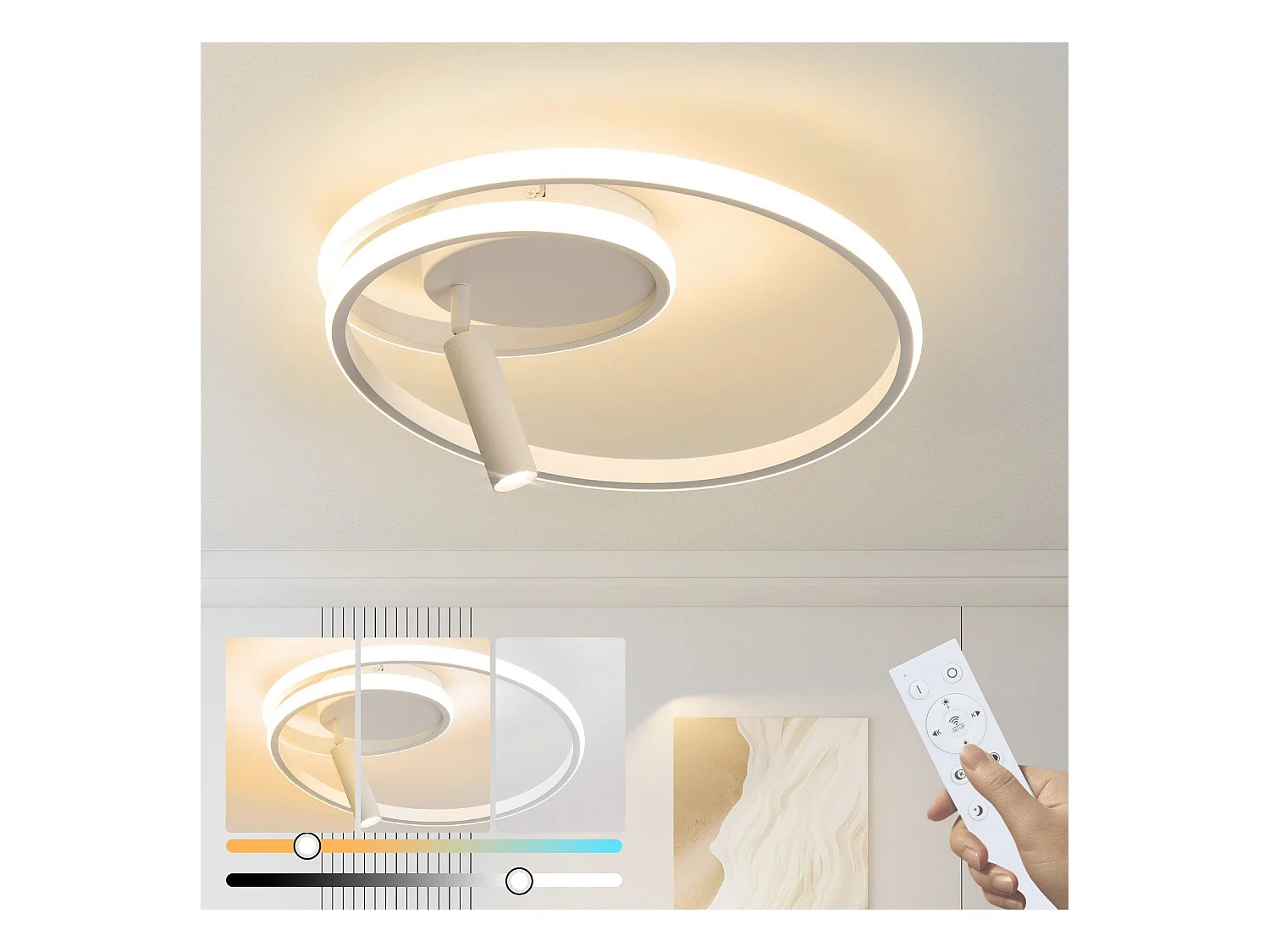 NETTLIFE Dimmbare LED-Deckenleuchte, 40 cm, modernes Design, 37 W, mit Strahler, für Schlafzimmer und Wohnzimmer, Weiß