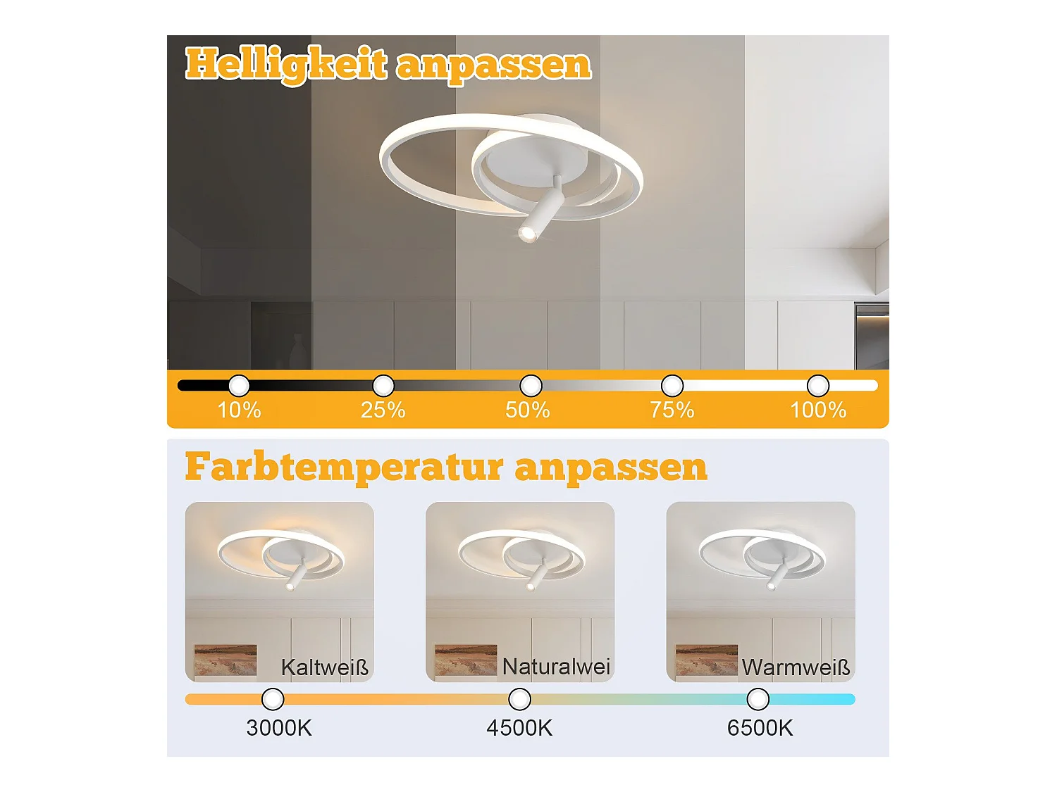 NETTLIFE Dimmbare LED-Deckenleuchte, 40 cm, modernes Design, 37 W, mit Strahler, für Schlafzimmer und Wohnzimmer, Weiß