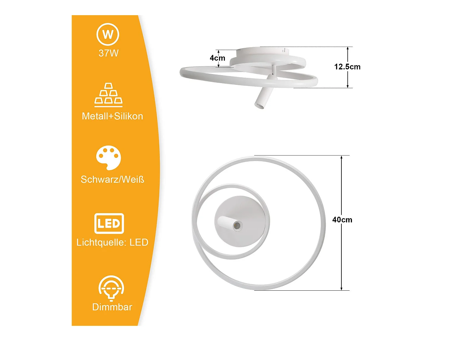 Plafonnier LED NETTLIFE à intensité variable : 40 cm, design moderne, 37 W, avec spot, pour chambre à coucher, salon, blanc