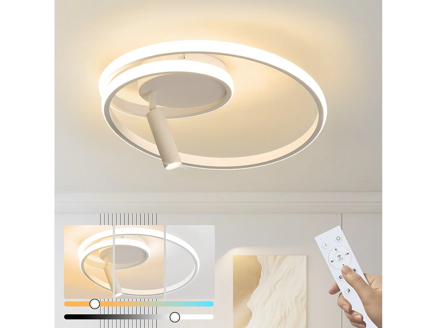 Plafonnier LED NETTLIFE à intensité variable : 40 cm, design moderne, 37 W, avec spot, pour chambre à coucher, salon, blanc