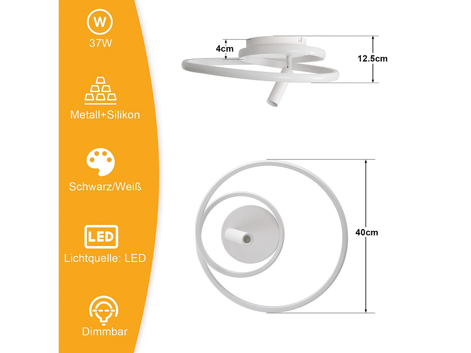 Plafonnier LED NETTLIFE à intensité variable : 40 cm, design moderne, 37 W, avec spot, pour chambre à coucher, salon, blanc