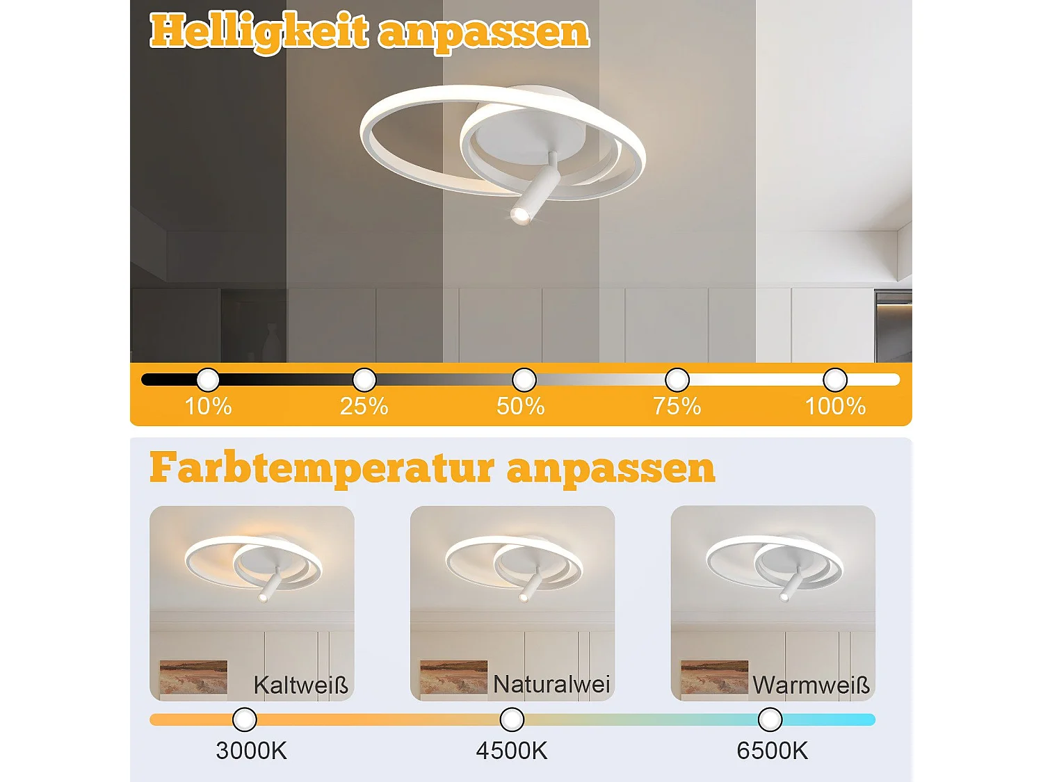 Plafonnier LED NETTLIFE à intensité variable : 40 cm, design moderne, 37 W, avec spot, pour chambre à coucher, salon, blanc