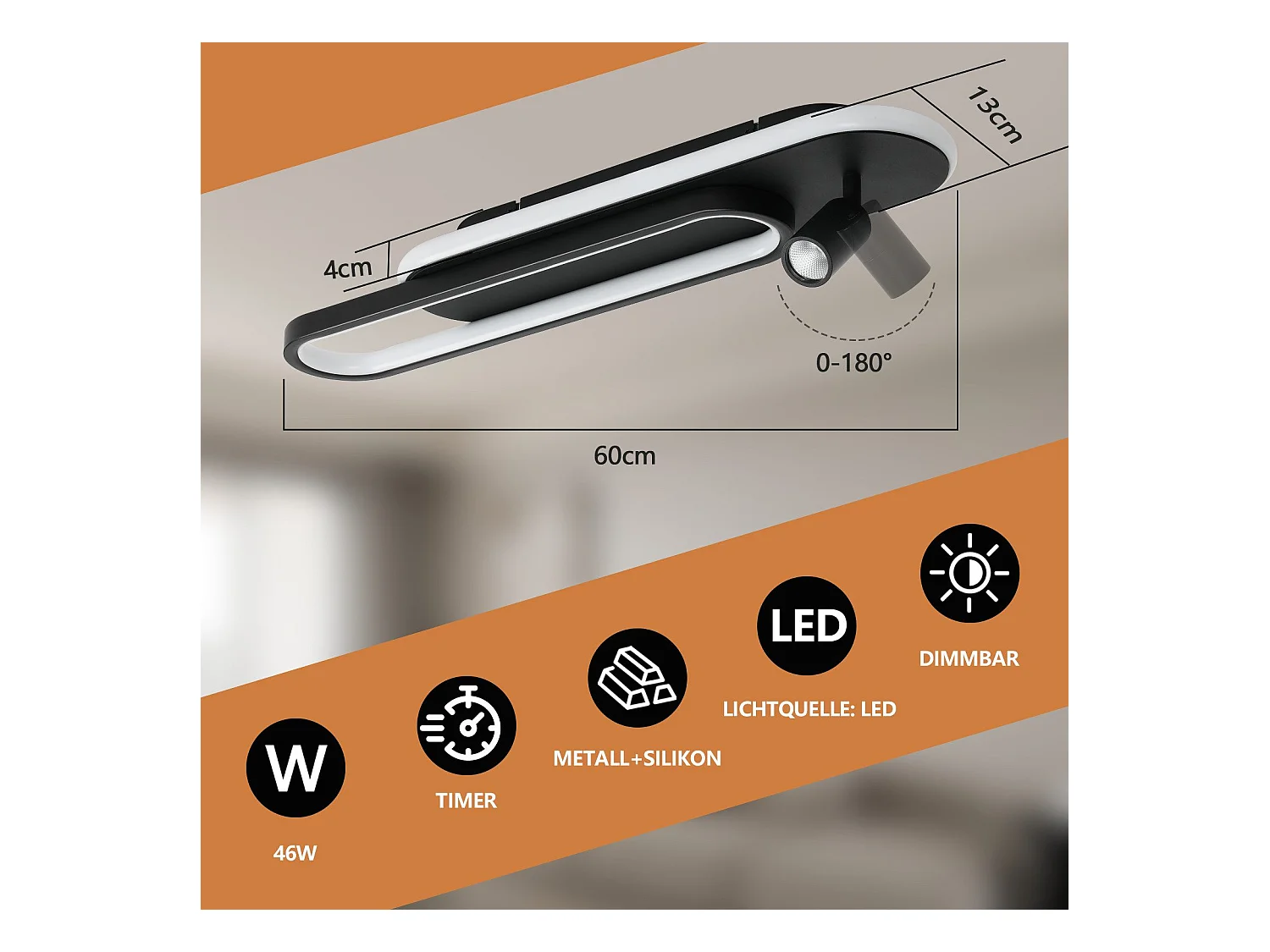 NETTLIFE Moderne schwarze dimmbare LED-Deckenleuchte mit 1 Deckenspot