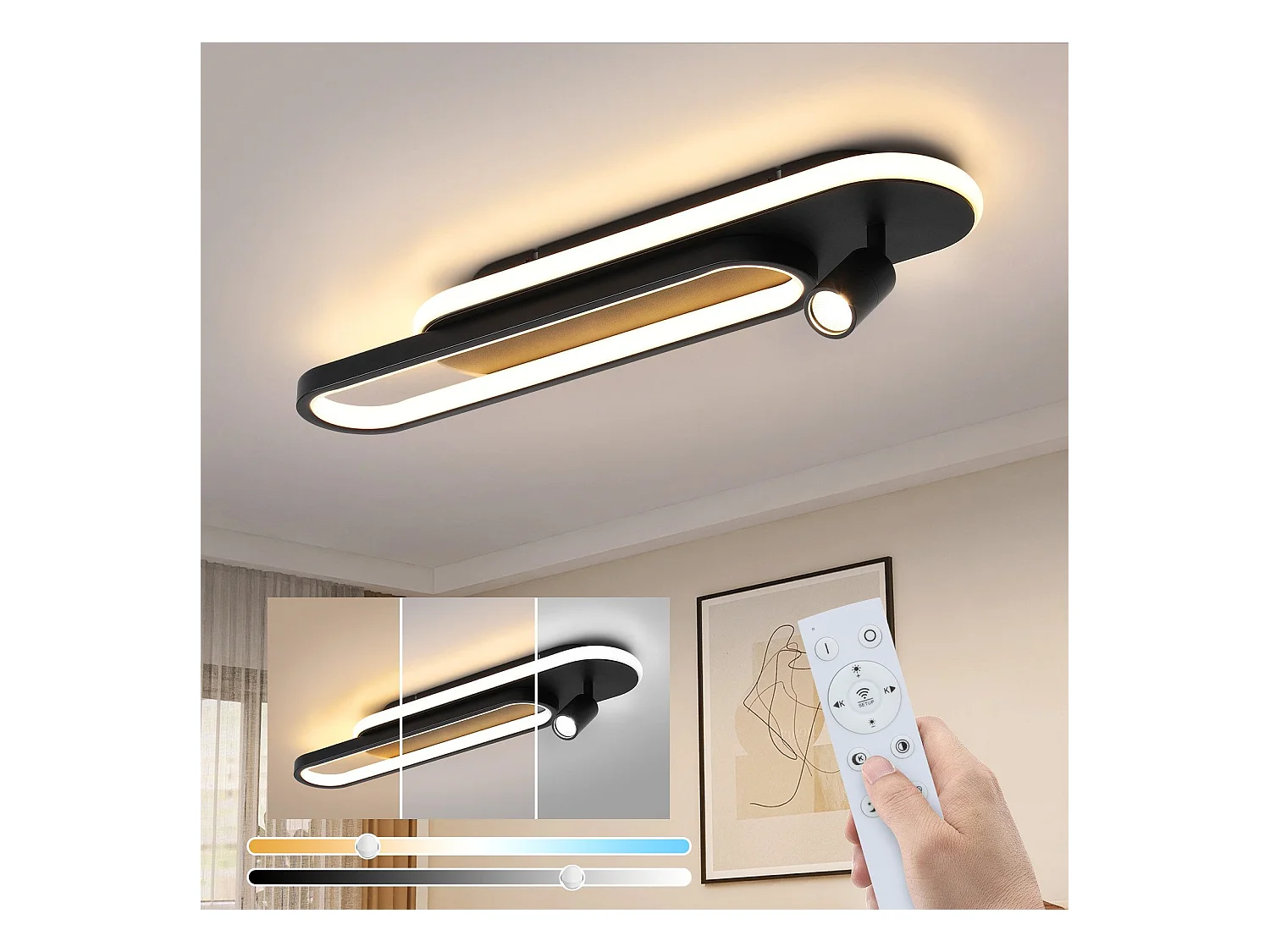 Plafonnier LED NETTLIFE noir moderne à intensité variable avec 1 spot de plafond