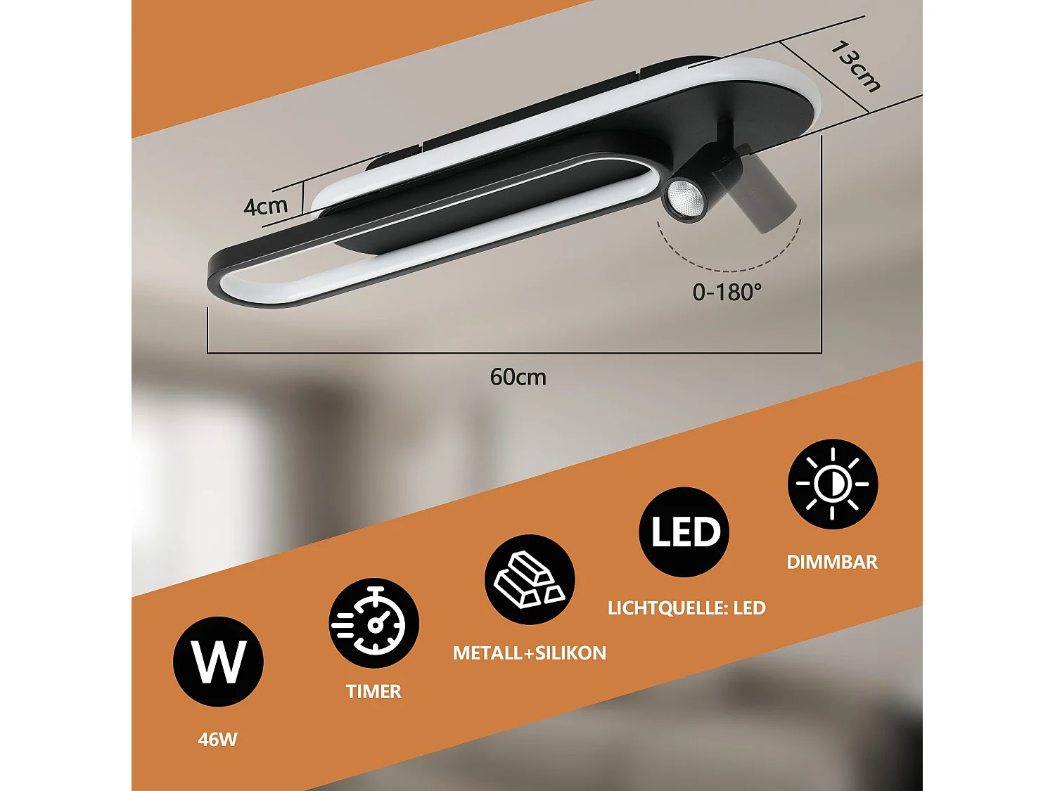 Plafonnier LED NETTLIFE noir moderne à intensité variable avec 1 spot de plafond