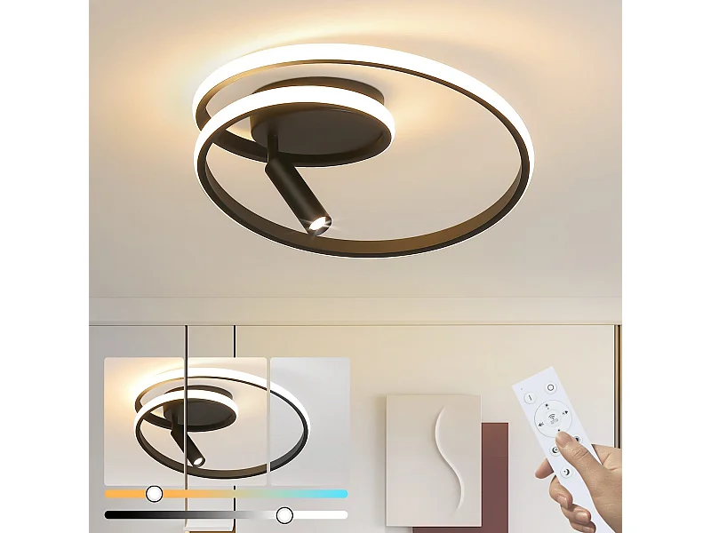 Plafonnier LED NETTLIFE à intensité variable : 40 cm, design moderne, 37 W, avec spot, pour chambre à coucher, salon, noir