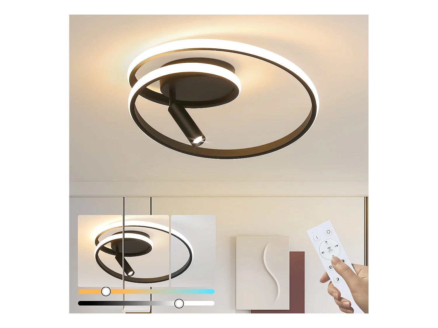 NETTLIFE Dimmbare LED-Deckenleuchte, 40 cm, modernes Design, 37 W, mit Strahler, für Schlafzimmer, Wohnzimmer, Schwarz
