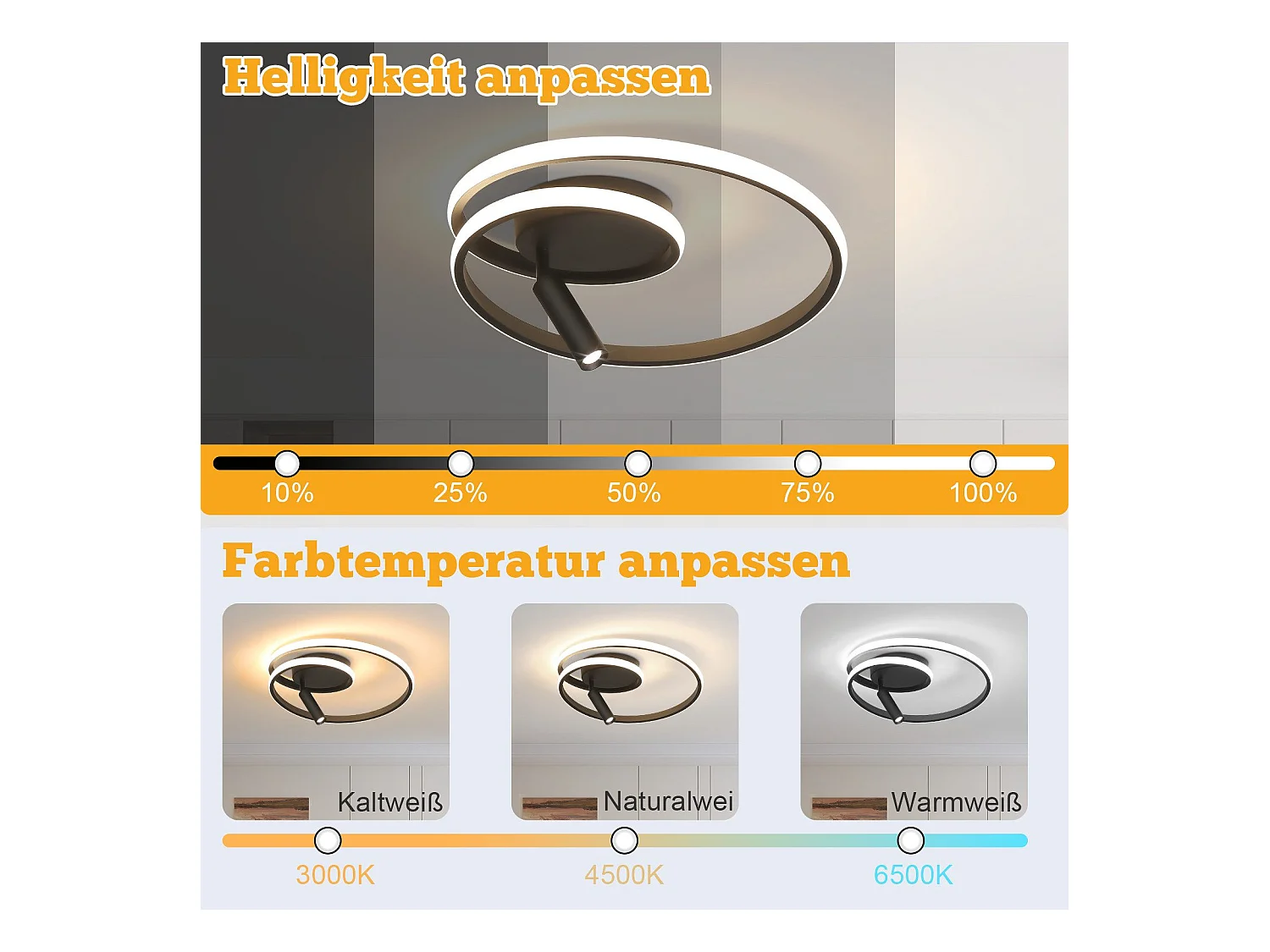 NETTLIFE Dimmbare LED-Deckenleuchte, 40 cm, modernes Design, 37 W, mit Strahler, für Schlafzimmer, Wohnzimmer, Schwarz