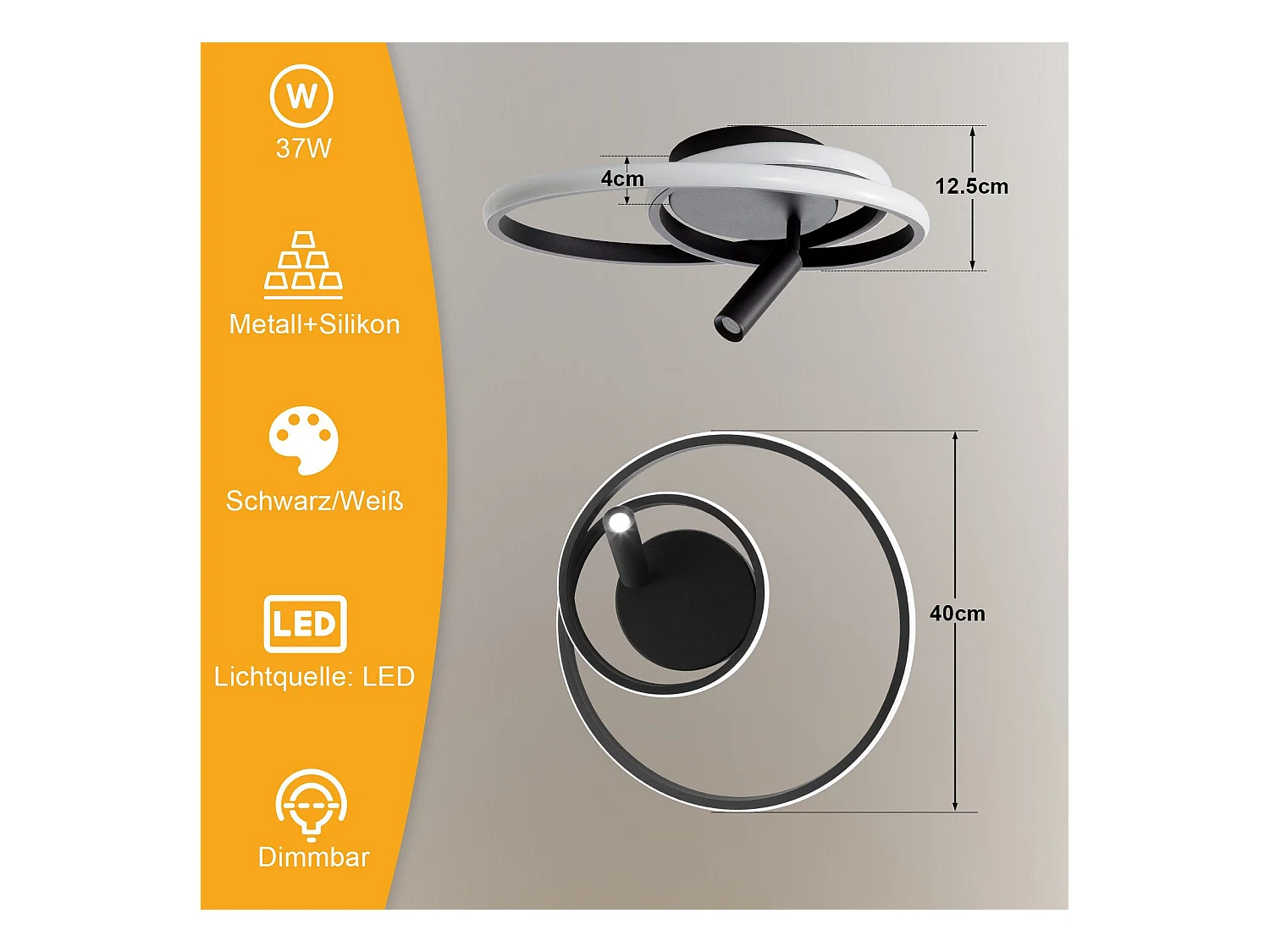 NETTLIFE Dimmbare LED-Deckenleuchte, 40 cm, modernes Design, 37 W, mit Strahler, für Schlafzimmer, Wohnzimmer, Schwarz