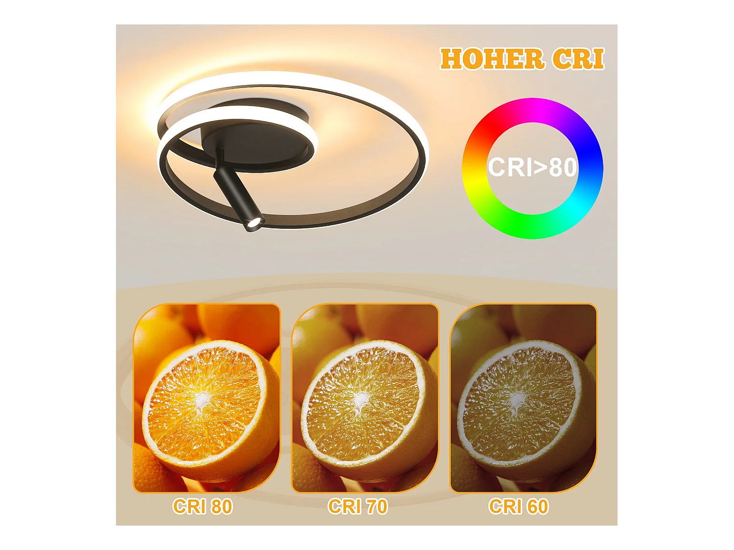 NETTLIFE Dimmbare LED-Deckenleuchte, 40 cm, modernes Design, 37 W, mit Strahler, für Schlafzimmer, Wohnzimmer, Schwarz