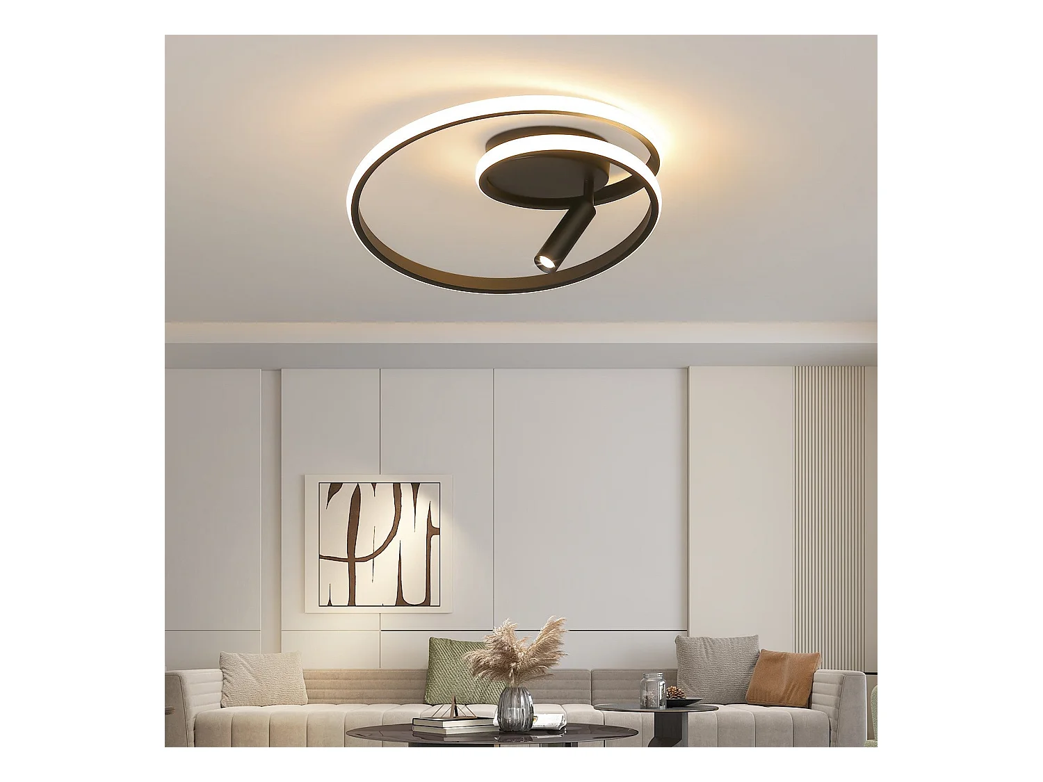 NETTLIFE Dimmbare LED-Deckenleuchte, 40 cm, modernes Design, 37 W, mit Strahler, für Schlafzimmer, Wohnzimmer, Schwarz