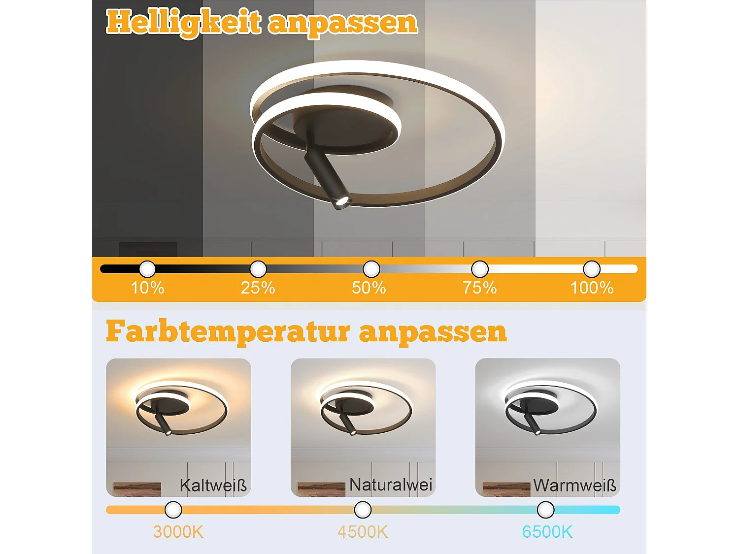 NETTLIFE Dimmbare LED-Deckenleuchte, 40 cm, modernes Design, 37 W, mit Strahler, für Schlafzimmer, Wohnzimmer, Schwarz