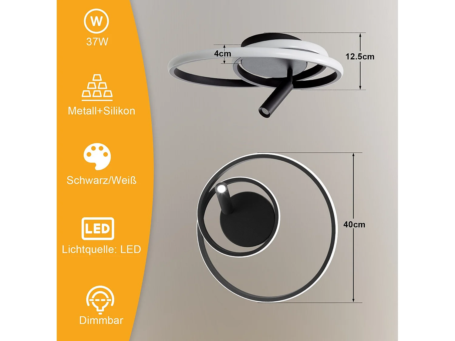 Plafonnier LED NETTLIFE à intensité variable : 40 cm, design moderne, 37 W, avec spot, pour chambre à coucher, salon, noir