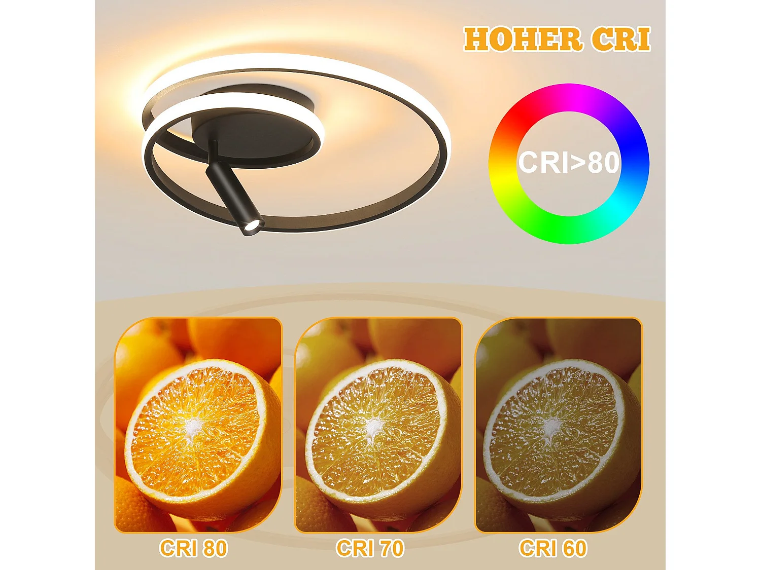 Plafonnier LED NETTLIFE à intensité variable : 40 cm, design moderne, 37 W, avec spot, pour chambre à coucher, salon, noir