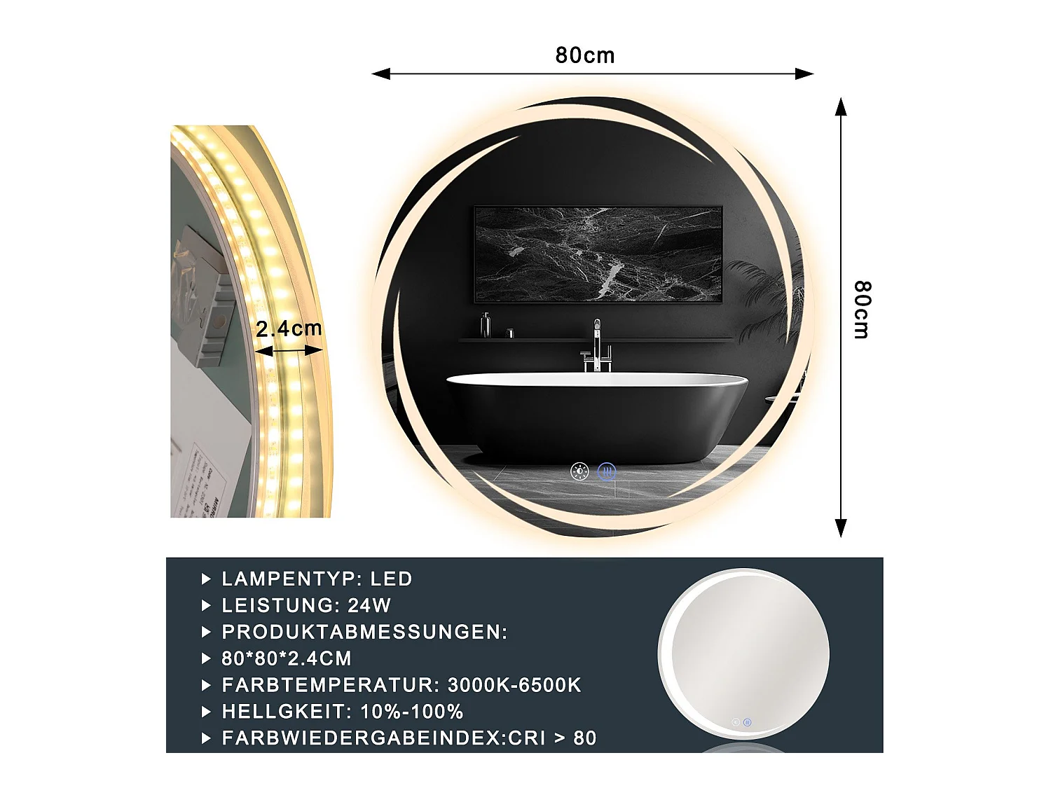 Miroir de salle de bain NETTLIFE avec éclairage, miroir de salle de bain rond à LED, miroir de salle de bain rond IP44 de 80 cm avec fonction tactile