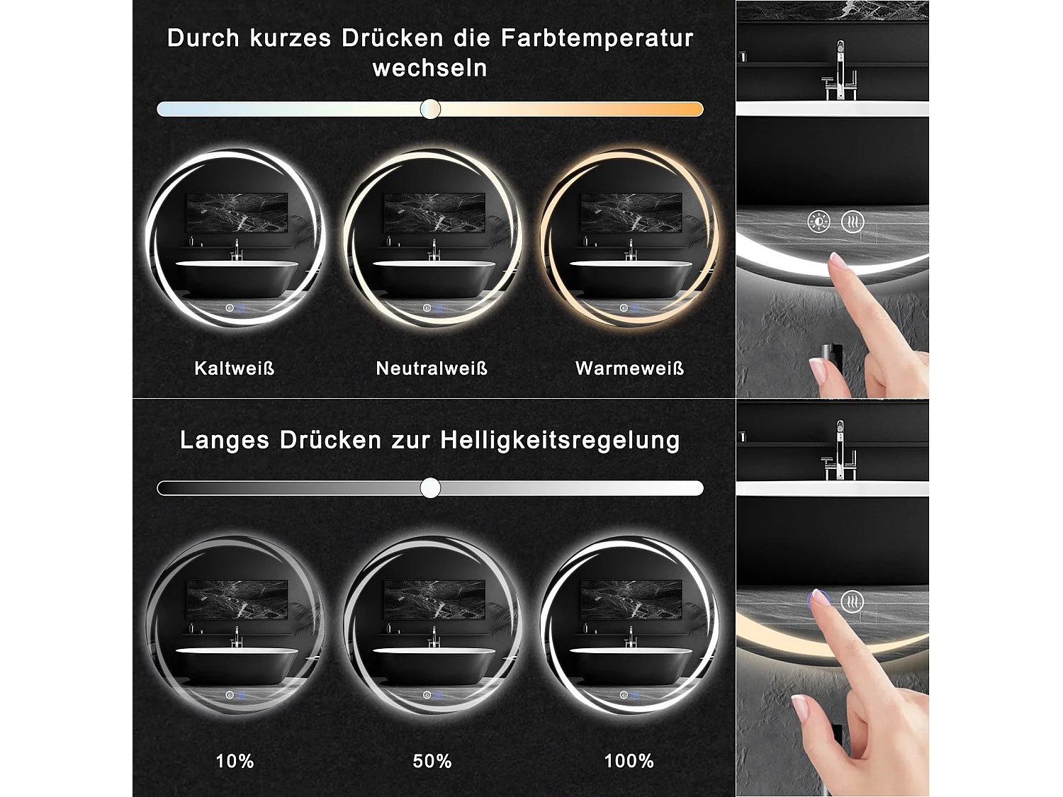 NETTLIFE Badkamerspiegel met verlichting, ronde LED-badkamerspiegel, ronde badkamerspiegel van 80 cm met IP44-touchfunctie