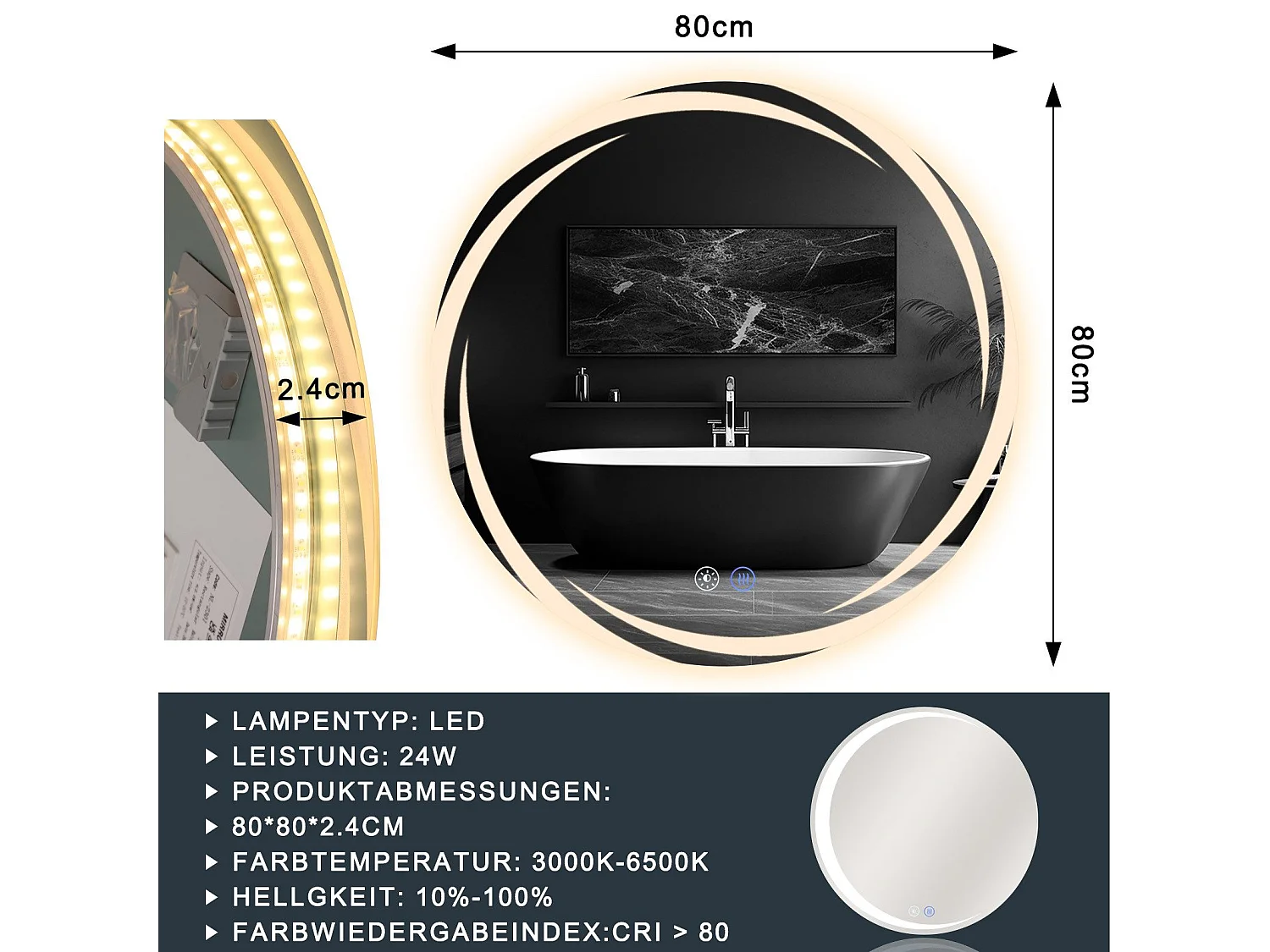 NETTLIFE Badkamerspiegel met verlichting, ronde LED-badkamerspiegel, ronde badkamerspiegel van 80 cm met IP44-touchfunctie