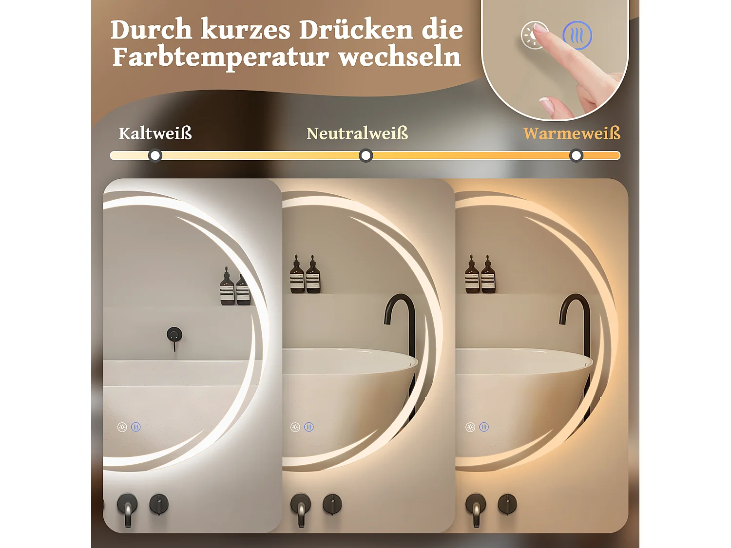 NETTLIFE Lustro łazienkowe z oświetleniem, okrągłe lustro łazienkowe LED, okrągłe lustro łazienkowe IP44 o średnicy 80 cm z funkcją dotykową