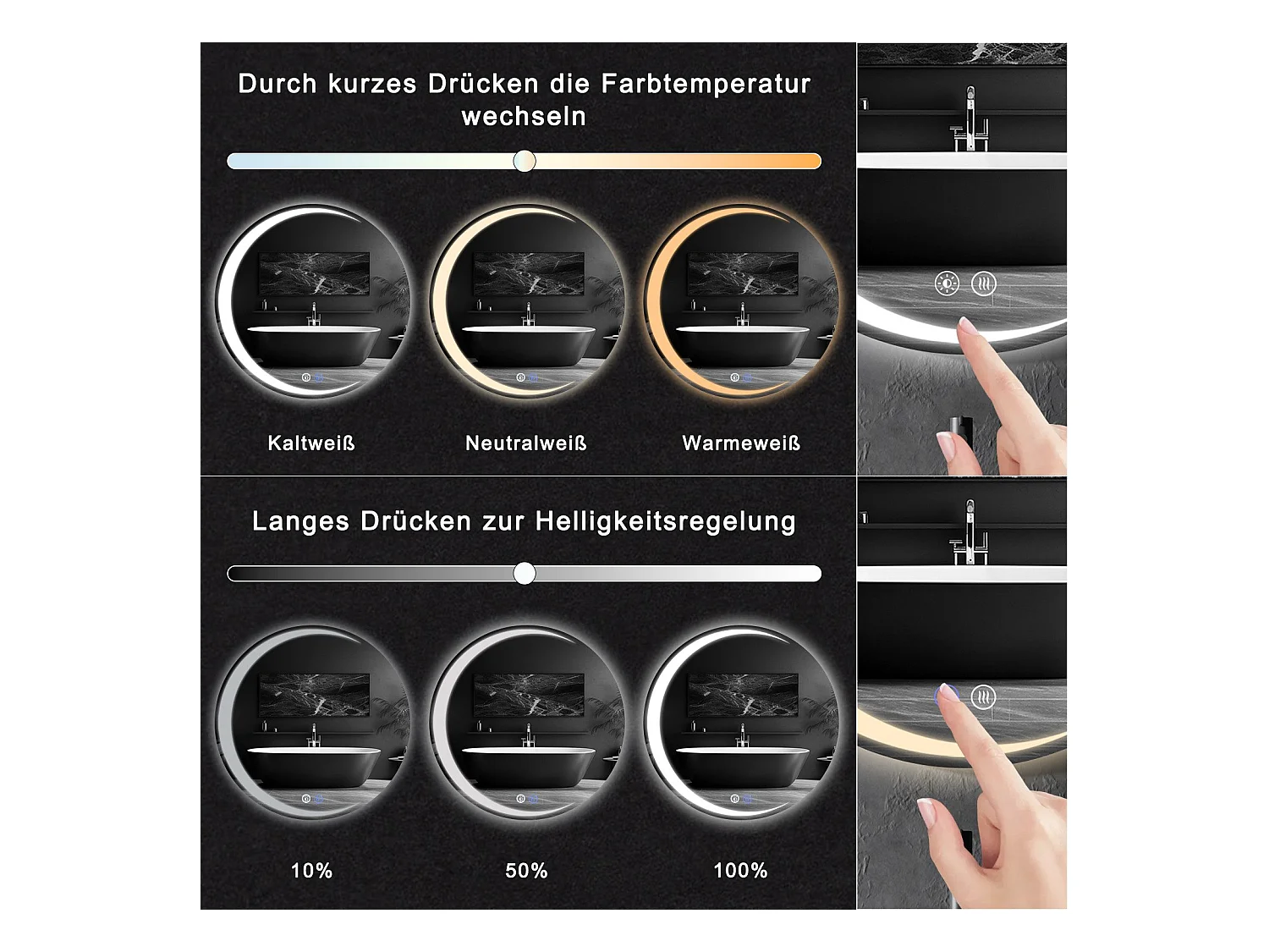 NETTLIFE Badkamerspiegel met verlichting, ronde LED badkamerspiegel IP44, ronde badkamerspiegel van 70 cm met aanraakfunctie