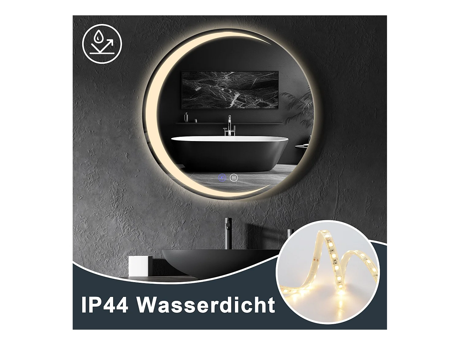 NETTLIFE Badkamerspiegel met verlichting, ronde LED badkamerspiegel IP44, ronde badkamerspiegel van 70 cm met aanraakfunctie