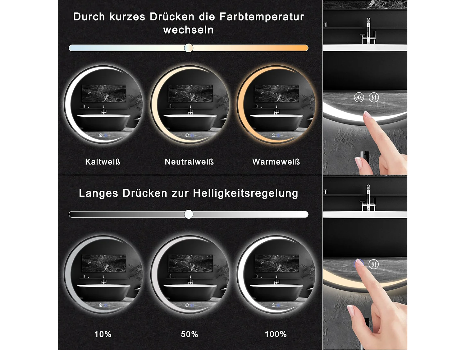 NETTLIFE Badezimmerspiegel mit Beleuchtung, runder LED-Badezimmerspiegel IP44, 70 cm runder Badezimmerspiegel mit Touch-Funktion