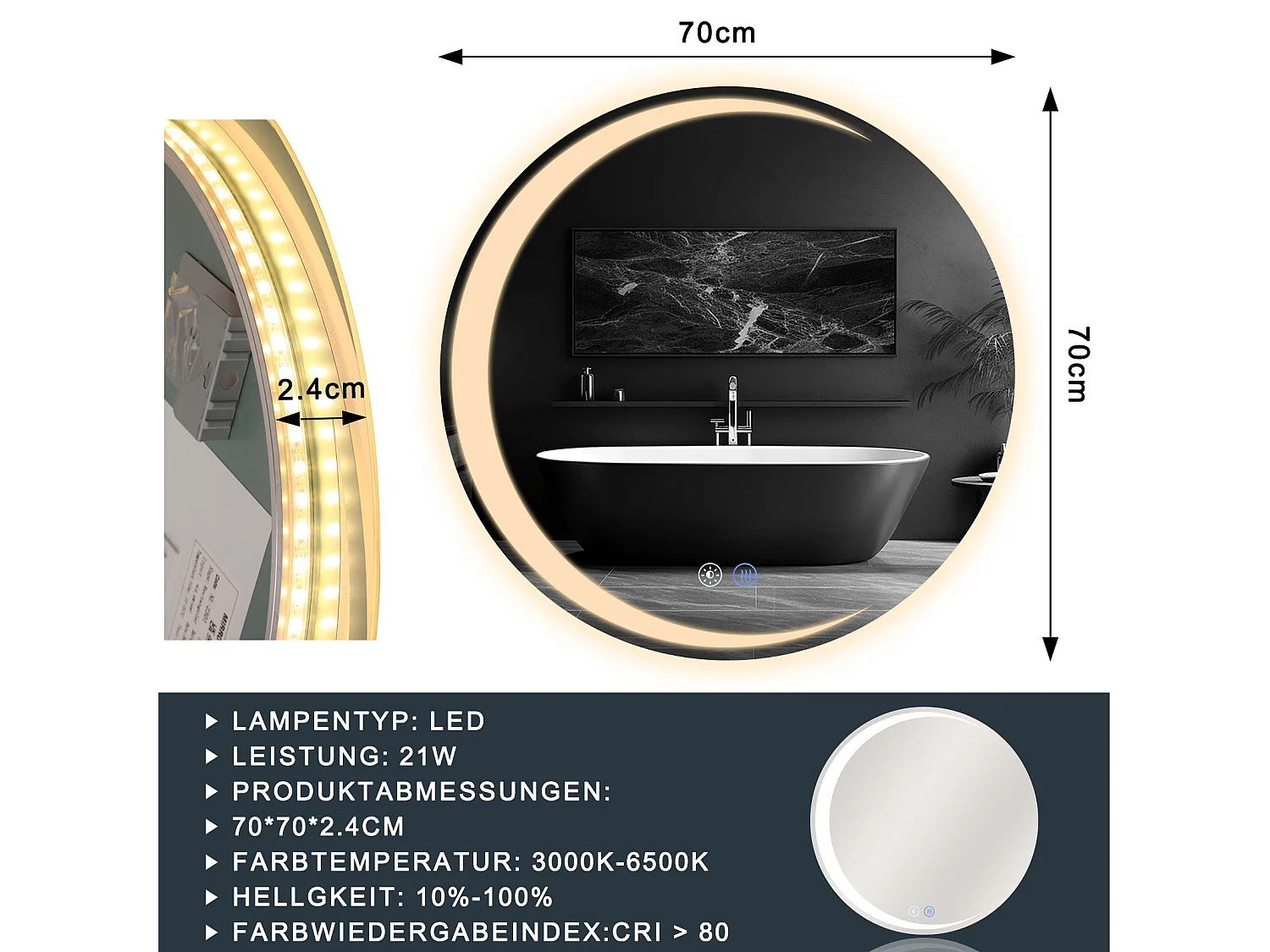 NETTLIFE Badkamerspiegel met verlichting, ronde LED badkamerspiegel IP44, ronde badkamerspiegel van 70 cm met aanraakfunctie