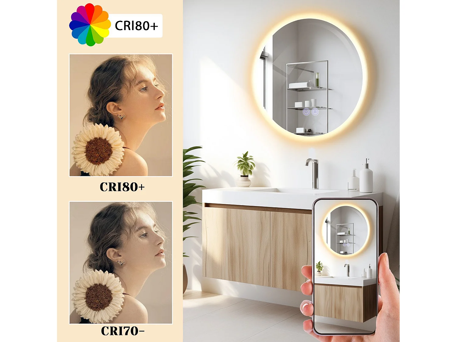 Miroir de salle de bain NETTLIFE avec éclairage rond 50 cm Miroir de salle de bain Miroir mural LED avec fonction tactile