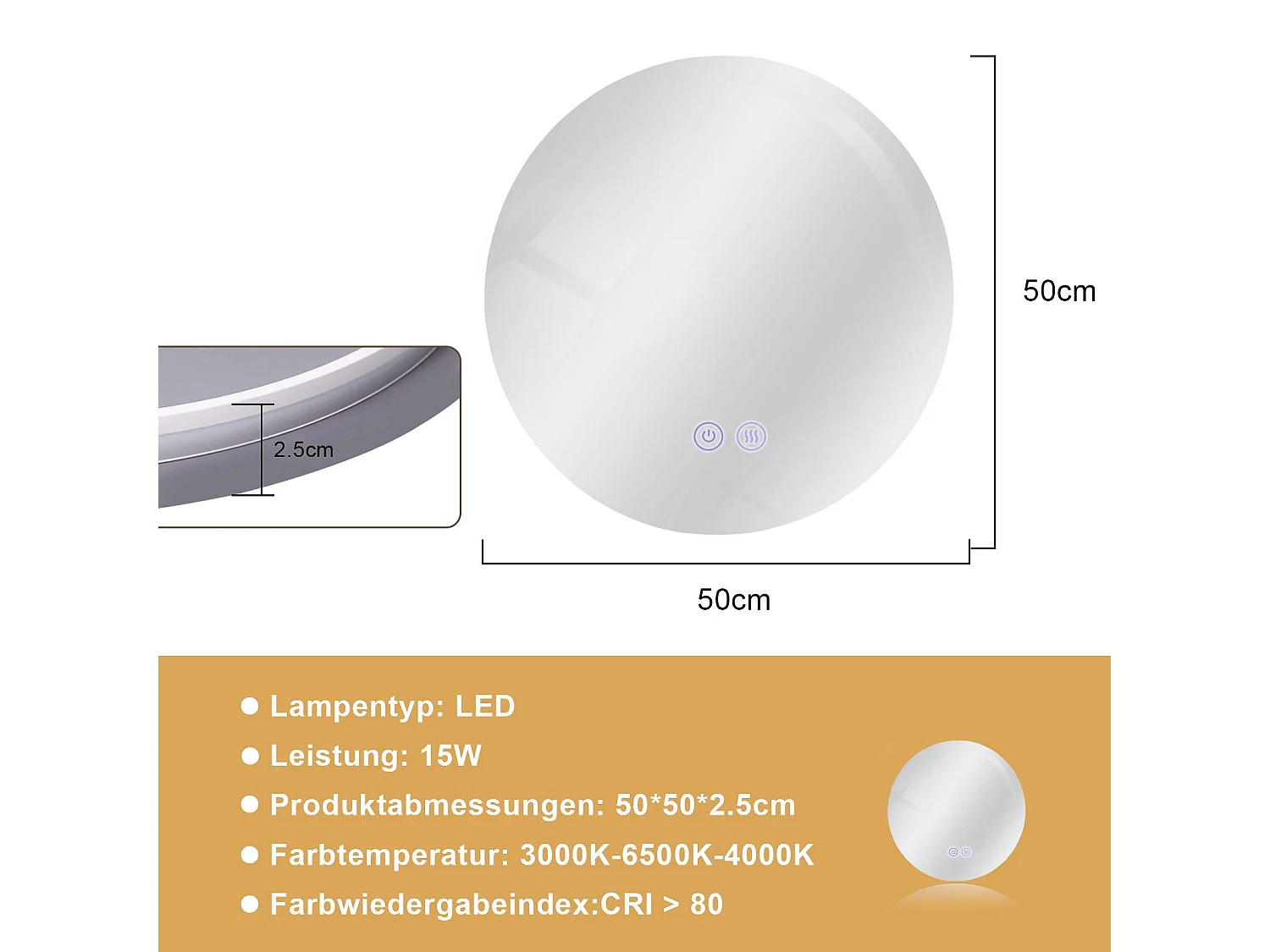 Miroir de salle de bain NETTLIFE avec éclairage rond 50 cm Miroir de salle de bain Miroir mural LED avec fonction tactile