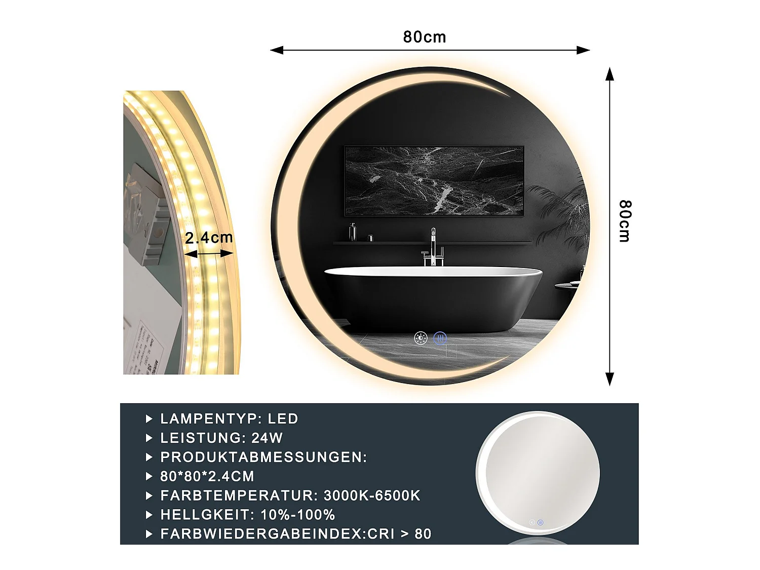 Espejo NETTLIFE con Iluminación Espejo de Baño Redondo LED Espejo de Baño IP44 80cm Espejo de Baño Redondo con Táctil