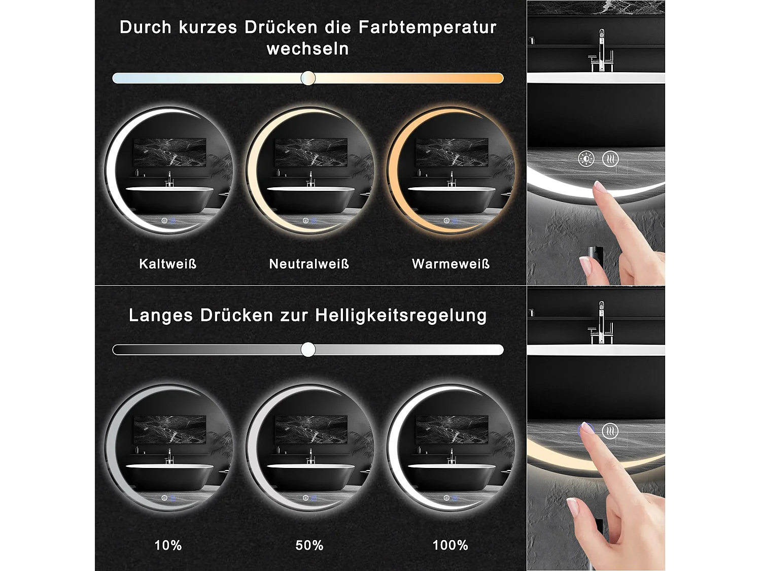 NETTLIFE Badezimmerspiegel mit Beleuchtung, runder LED-Badezimmerspiegel IP44, 80 cm runder Badezimmerspiegel mit Touch-Funktion